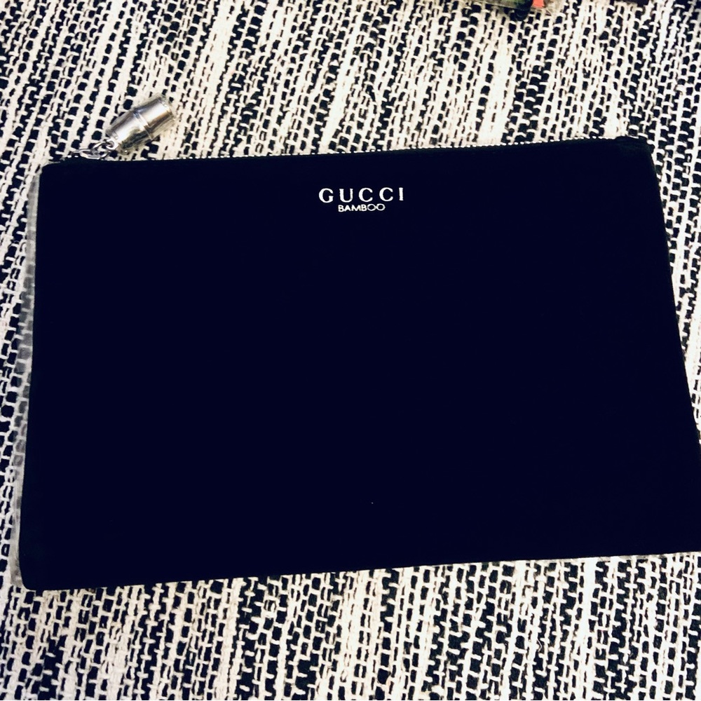 GUCCI Black Velvet GWP Zipper Pouch. Silver Zipper with Bamboo design on Pull.